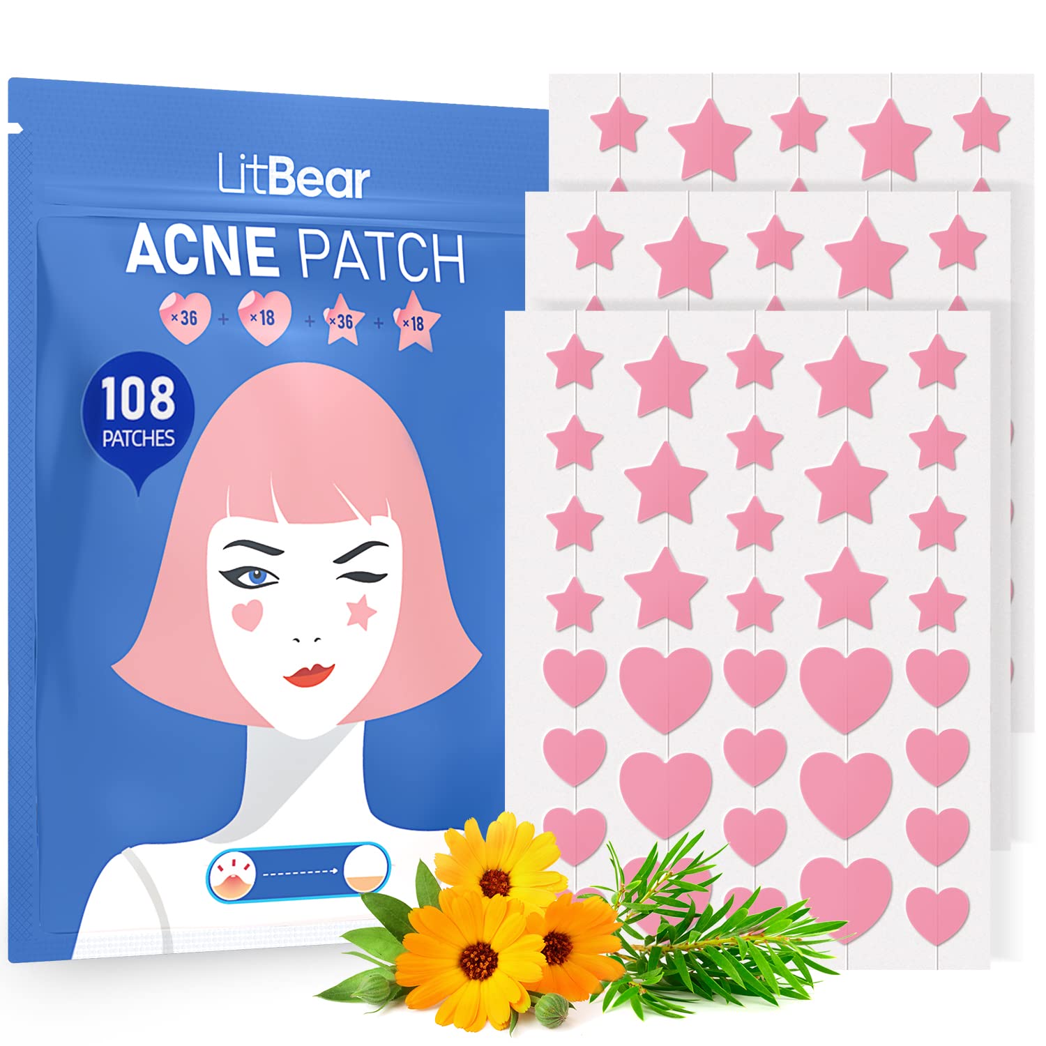 Herbal Wellness Tea - Pink Heart & Star Acne Patches,